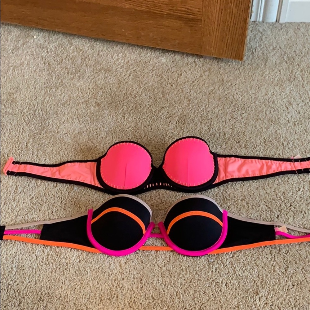 Neon pink and black and black strapless bikini